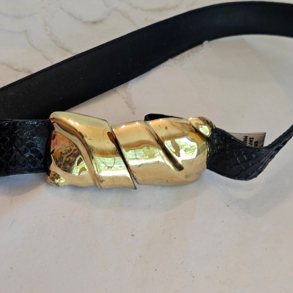 Vintage Arrivanto Genuine Snakeskin Belt M Navy Blue Gold Sculptural Buckle